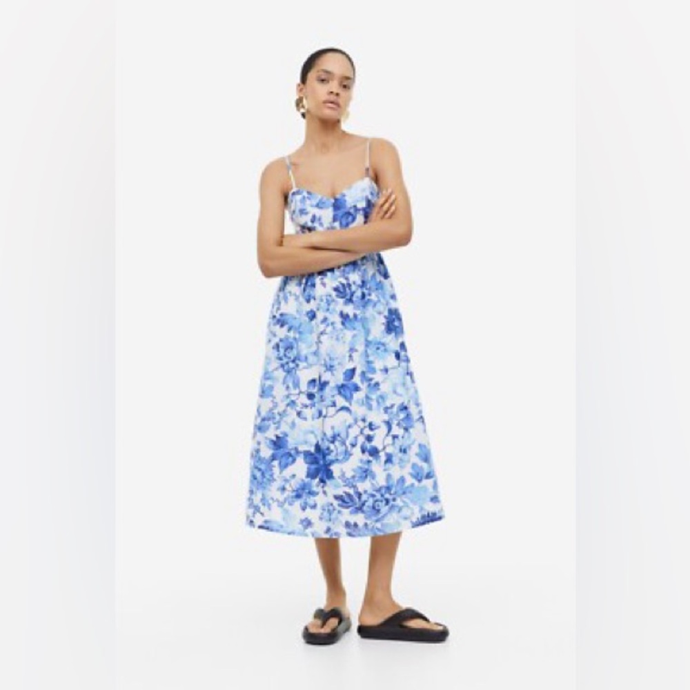 H&M Floral Blue Linen Blend Midi Dress